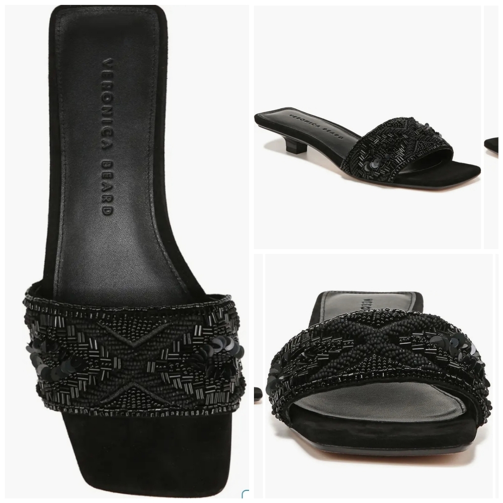 Veronica Beard Finley Black Beaded Slide Sandals 10M Kitten Heel Party Cocktail